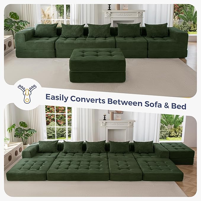 MAXYOYO Modular Sectional Sofa Couch Foldable U Shaped Cloud Couch with Pillows Tufted 6-Seat Boneless Sleeper Lounger Floor Sofa Bed for Living Room No Assembly Required Dark Green