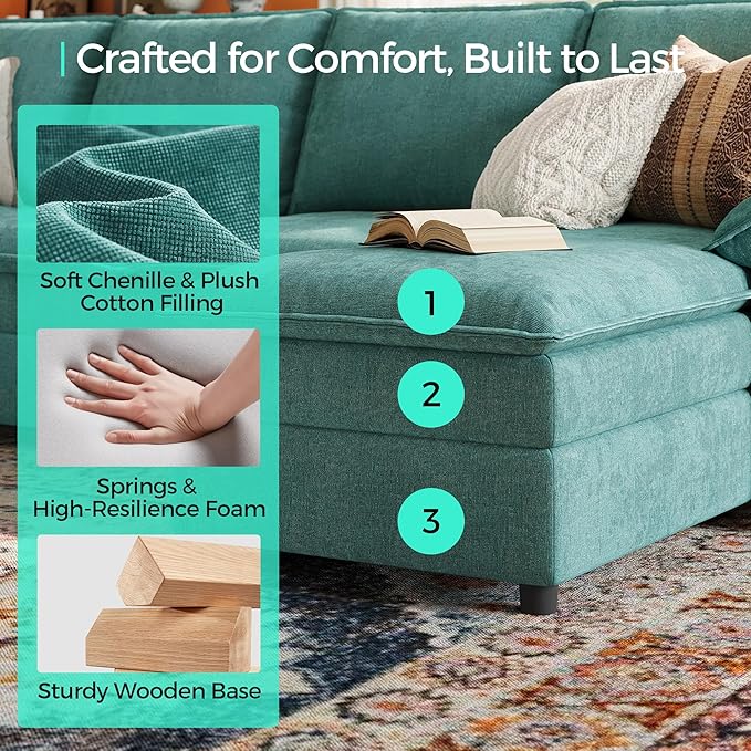 LINSY HOME 115 L Shaped Cloud Couch Modular Sectional Sofa with Double Layer Cushions and Ottoman Comfy Chenille 4 Seater Sofa Set for Living Room Apartment Office Green