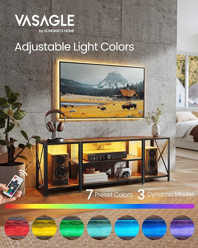 VASAGLE TV Stand with Power Outlets and LED Lights for TVs up to 60 Inches Entertainment Center with Open Storage Shelves TV Console Table for Living Room Rustic Brown and Ink Black ULTV121K01