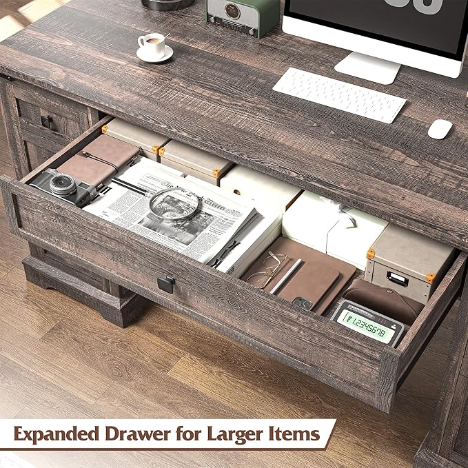 EnHomee 58 W Farmhouse Executive Desk with Drawers Wood Home Office Desks with Power Outlets Rustic Computer Desk with Storage Cabinet for Working Studying Writing Dark Rustic Oak