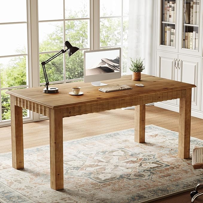 63-Inch Computer Desk Solid Wood Home Office Desk with Sturdy Wooden Legs Rustic Large Computer Office Table for Writing Reading Study Brown