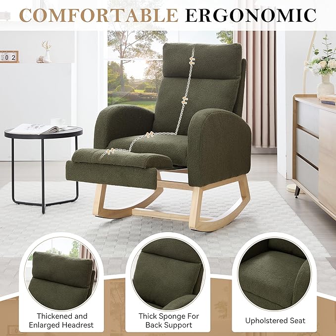 Setawix Teddy Rocking Glider Chair with Footrest for NurseryUpholstered Living Room Rocker Arm ChairLeisure Rocking ArmchairMid Century Modern Rocking Accent Chair with Side Pockets (Teddy Green)