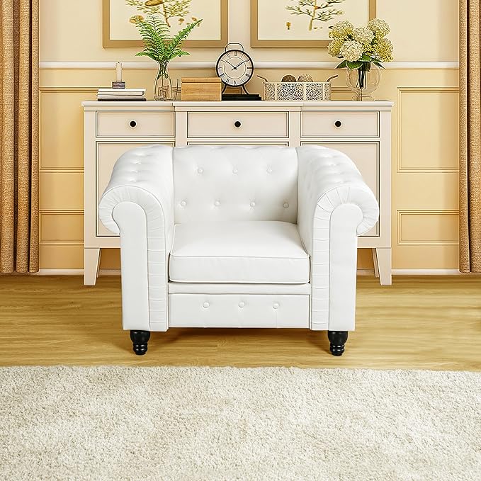 Naomi Home Emery Chesterfield Love Seat Loveseat Sofa &amp Accent Chair w/Rolled Arms Tufted Cushions Solid Wooden Legs Deep Seating Comfy Bedroom Living Room Reading Chair Tool-Free Assembly White