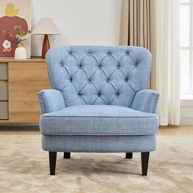 Ball &amp Cast Accent ChairMid-Century Lounge Living Room Chairs with Button TuftingUpholstered Reading Accent Chair W/Solid Wood Legs and Curved Backrestfor BedroomApartmentLight Blue