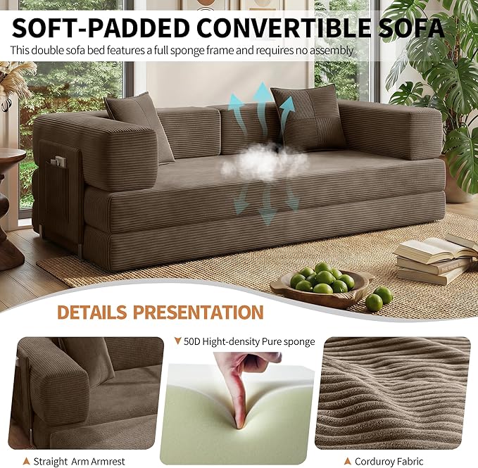 78.8 Convertible Sofa Bed with Armrest Pillow 4-in-1 Sleeper Couch Bed for Livingroom Modular Corduroy Boneless couches No Assembly (Brown)