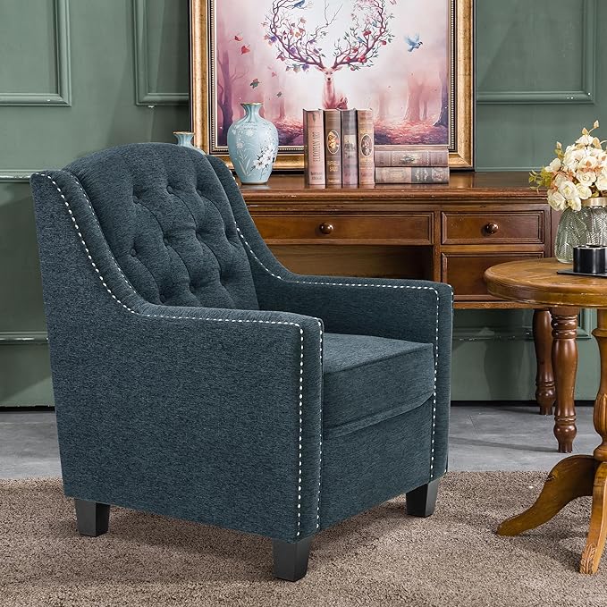 MCombo Modern Accent Chair with High Legs Chenille Upholstered Single Sofa Chair with Tufted Button Back &amp Ergonomic Armrests Solid Wood Legs for Living Room Bedroom 4260 (Light Blue)