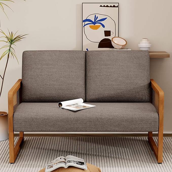 Modern Loveseat Bench Couch with Natural Rattan Arm Upholstered Linen Small Love Seat Sofa 2-Seats Living Room Couch Settee Comfy Lounge Recliner Chair-Taupe