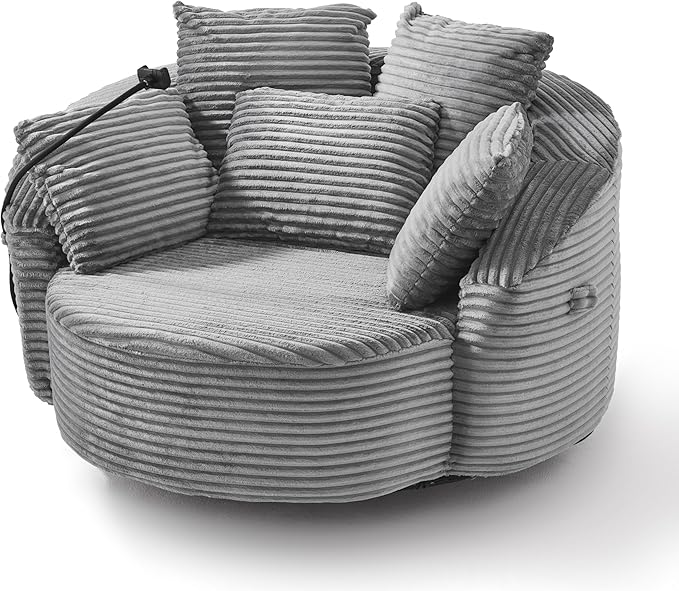 360° Swivel Accent Chair with 5 Throw Pillows Adjustable Phone Holder Corduroy Fabric Round Sofa Chair Barrel Chair with Semi-Wraparound Design for Living Room Office and Hotel (Gray1)