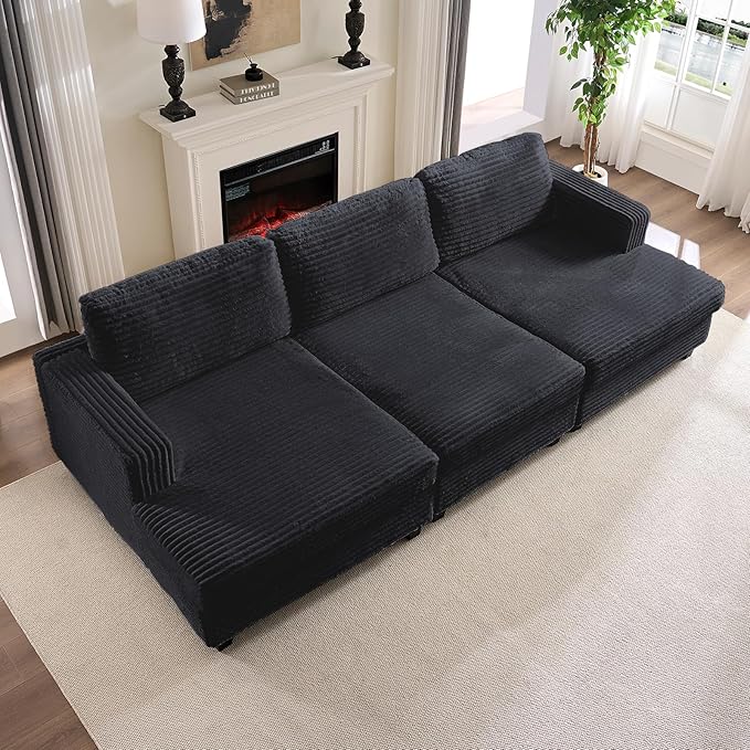 Mjkone 120 W Oversized Deep Seat Sofa Upholstered Corduroy 3 Seat Sofa Modular Sectional Couch with Wooden Frame Modern Sleeper Sofa Bed for Living Room Office Dark Grey
