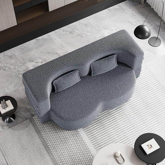 2 in 1 Folding Floor Couch Sofa Bed with 2 Pillows Teddy Fabric Foam-Filled Convertible Sleeper Sofa Full Mattress for Living Room Guestroom No Assembly Required Sofa Bed Grey