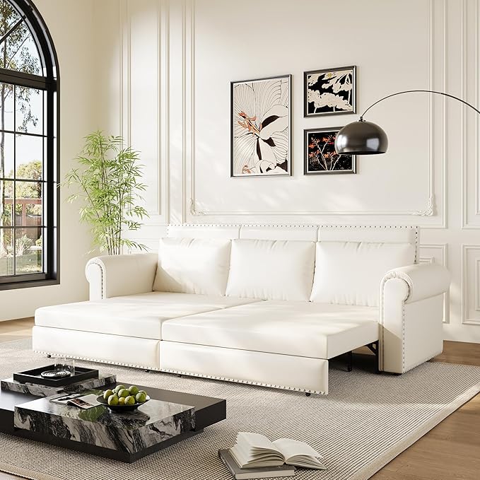 JOYBASE Pull Out Sofa Bed King-Size Convertible Sleeper Sofa Modern 3-Seater Faux Leather Couch with Nailhead for Living Room Office Apartment (Cream White)