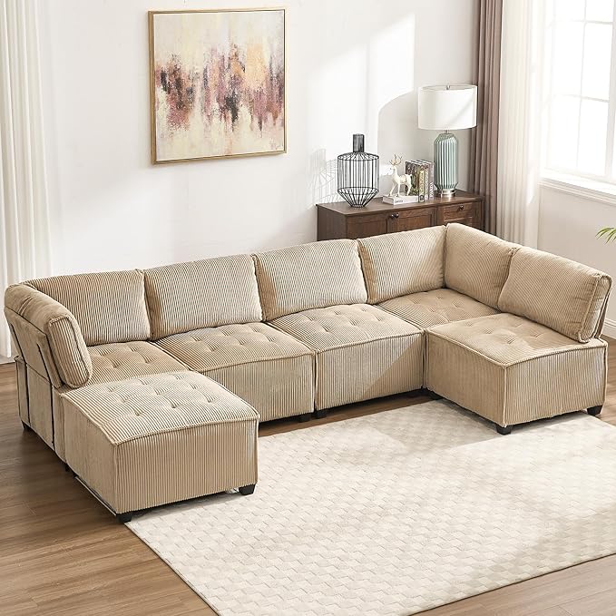121 U Shaped Modular Sectional Sofa Couch 6 Seat Convertible Upholstered Deep Seat Sleeper Sofa with Chaise Lounge Cloud Couch for Living Room Khaki