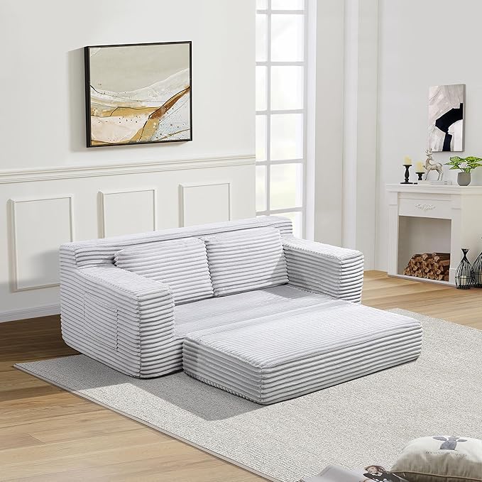 Loveseat Cloud Boneless Couch Upholstered Floor Sofa with Armrests 2-in-1 Convertible Corduroy Couch Bed for Living Room Apartment Grey