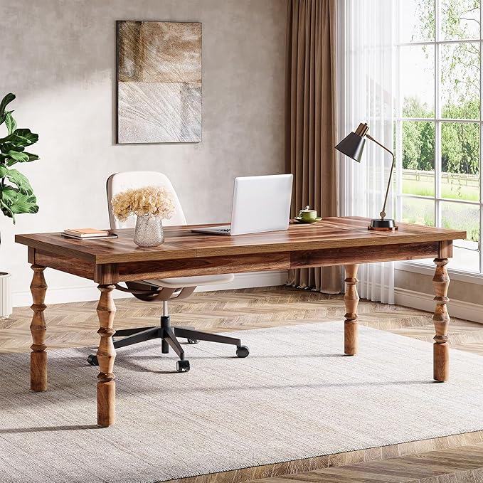 Tribesigns Large Executive Office Desk 62.2-Inch Farmhouse Modern Computer Desk Mid Century Study Writing Table Workstations Business Office Furniture with Carved Turned Legs (Walnut)