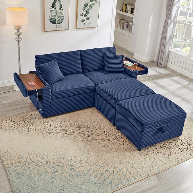 Chaise Lounge Chair Indoor 68 W Corduroy Loveseat Sectional Couch with Sorage Ottoman/Wing Table/Charge Ports/Cup Holder Modern Comfy Deep Seat Reading L-Shape Sofa for Living Room Blue