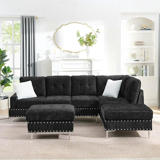 ERYE 102-Inch L-Shaped Corner Sectional Sofa Chenille Upholstered Tufted Corner Sofa Couch with Storage Ottoman and Nailhead DecorModern L-Shaped Convertible Couches