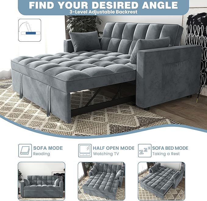 Sleeper Sofa Couch Bed 55.9'' Convertible Velvet Loveseat 3 in 1 Pull Out Sofa Bed with Toss Pillows Pockets Furniture for Living Room Gray