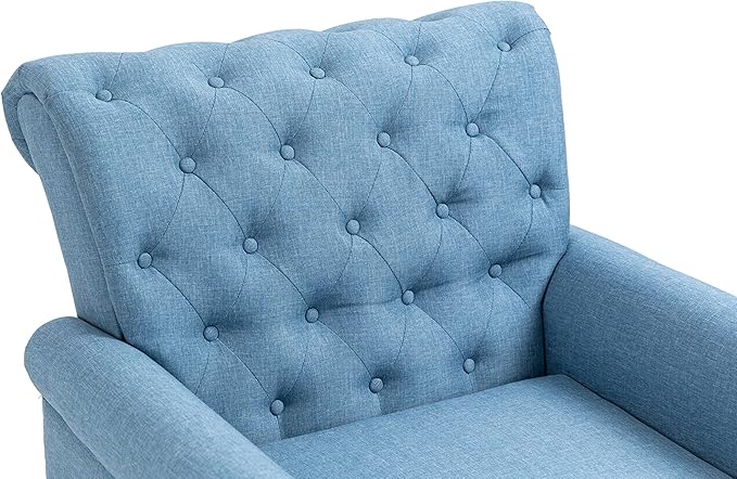 Mid-Century Modern Accent Chair Linen Armchair w/Tufted Back/Wood Legs Upholstered Lounge Arm Chair Single Sofa for Living Room BedroomLight Blue