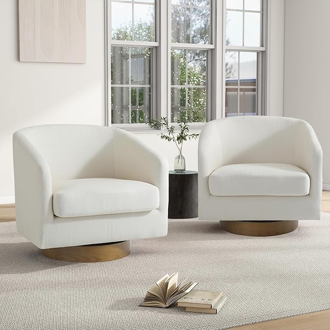 Swivel Barrel Chair Modern Round PU Leather Accent Armchair for Living Room Bedroom Oversized Comfy Club Reading Chairs for Adults (Fabric Beige Set of 1)