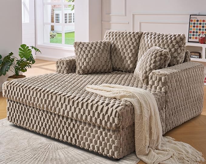 Jocisland 58 Inch Oversized Chaise Lounge Upholstered Sofa Bed with Throw Pillows and Armrests Sleeper Chair- Comfy Chair Bed for Living Room Brown
