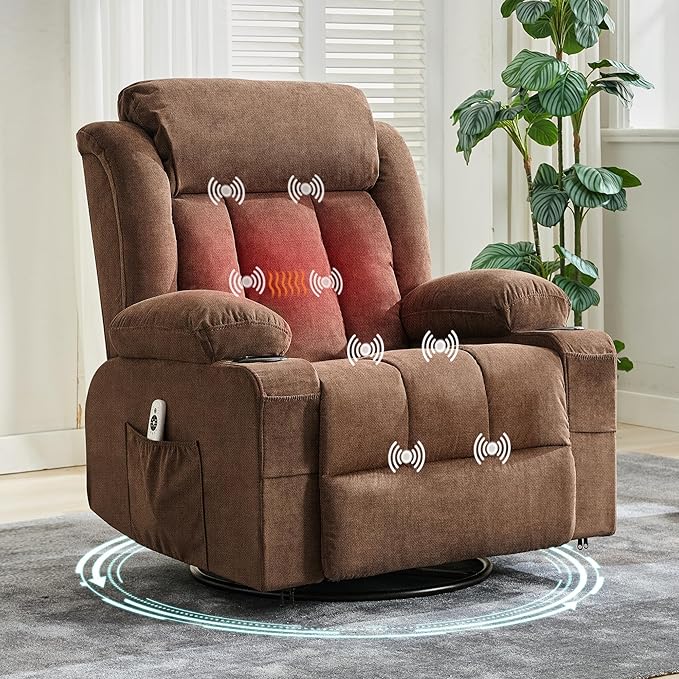 Oversized Swivel Rocker Recliner Chair with Heat &amp Massage 3-Position Adjustable Nursery Recliner for Adults Dual Cup Holders Side Pockets USB Charging Ports Brown