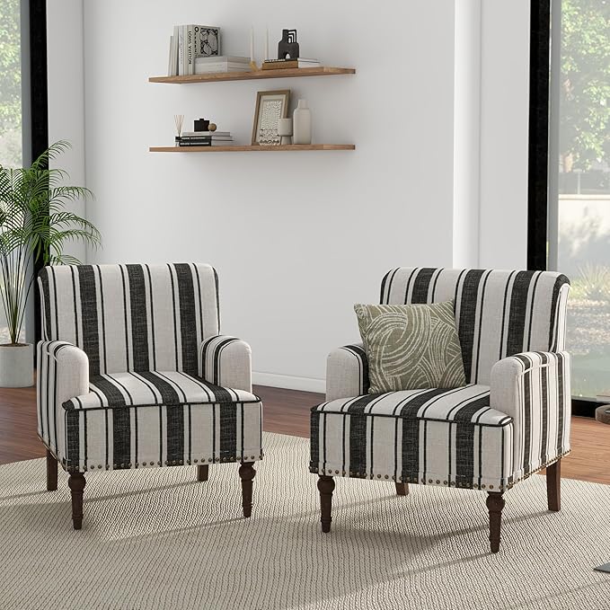 UIXE Stripe Accent Chairs Set of 2 Living Room Arm Chair Modern Nailhead Trim Club Armchair Comfy Upholstered Sofa Lounge Seat Reading Seat Bedroom Side Seating for Home Office Black
