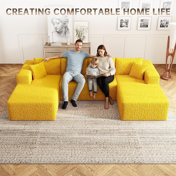 140 U-Shaped Modular Sectional Sofa for Living Room3 Seater Cloud Sectional Couch with Chaise LoungeDeep Seat with PillowsNo Assembly Required (Yellow)