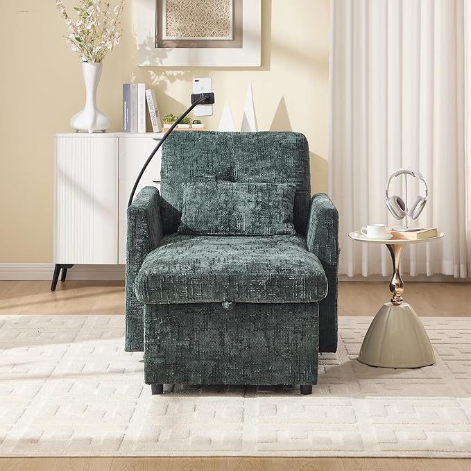 Multifunctional Sofa Recliner Chairs with Storage Cell Phone Bracket Chenille Recliner Chair Bed with Side Pockets and High Backrest Modern Living Room Single Lounge Chair (Emerald)