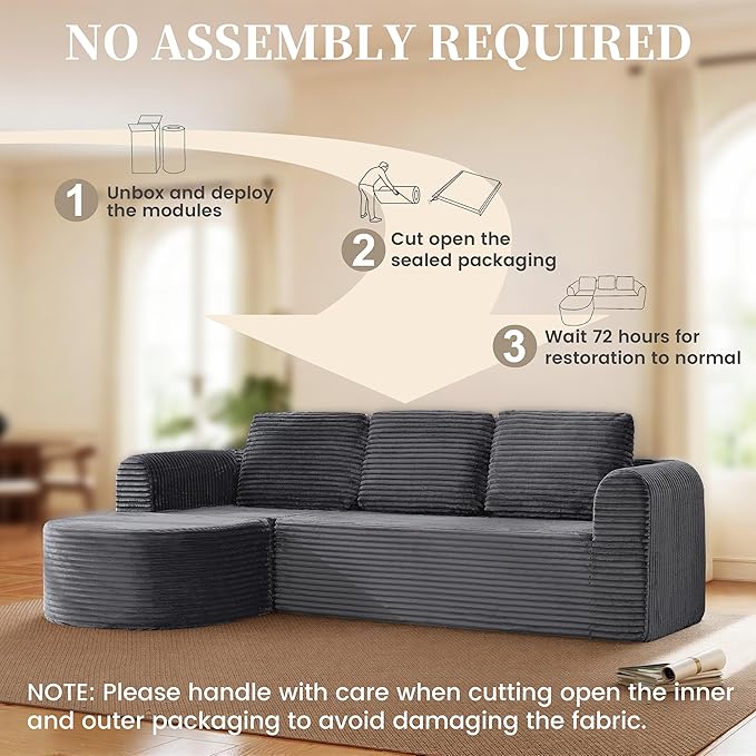 108” Modular Sectional Sofa Boneless Couches for Living Room Deep Seat L-Shape Cloud Couch with Chaise Comfy Sofa Freely Change Configurations No Assembly Required Soft Plush Corduroy Fabric(Grey)
