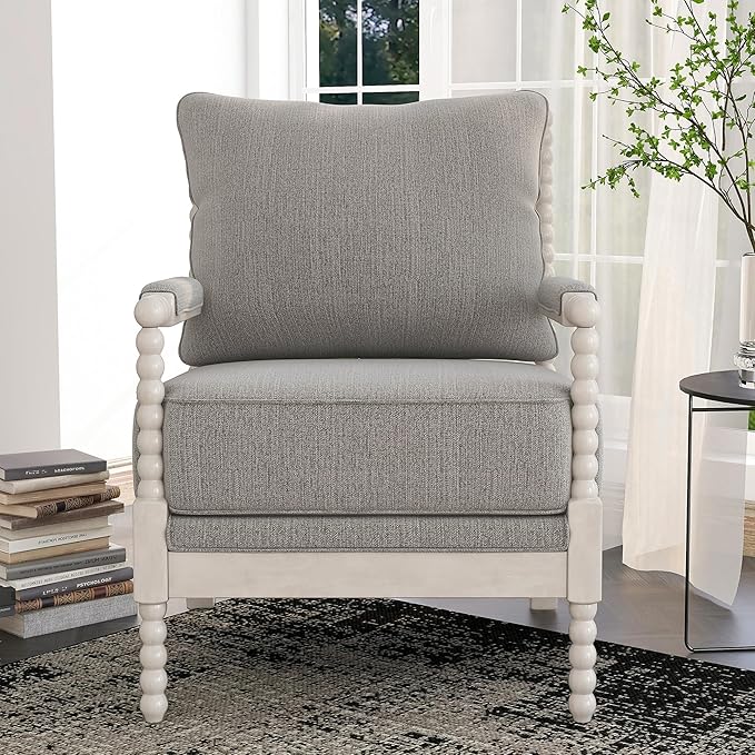 24/7 Shop at Home Antanette Farmhouse Fabric Upholstered Accent Chair with Removable Cushion for Living Room Bedroom Home Office Antique White and Gray