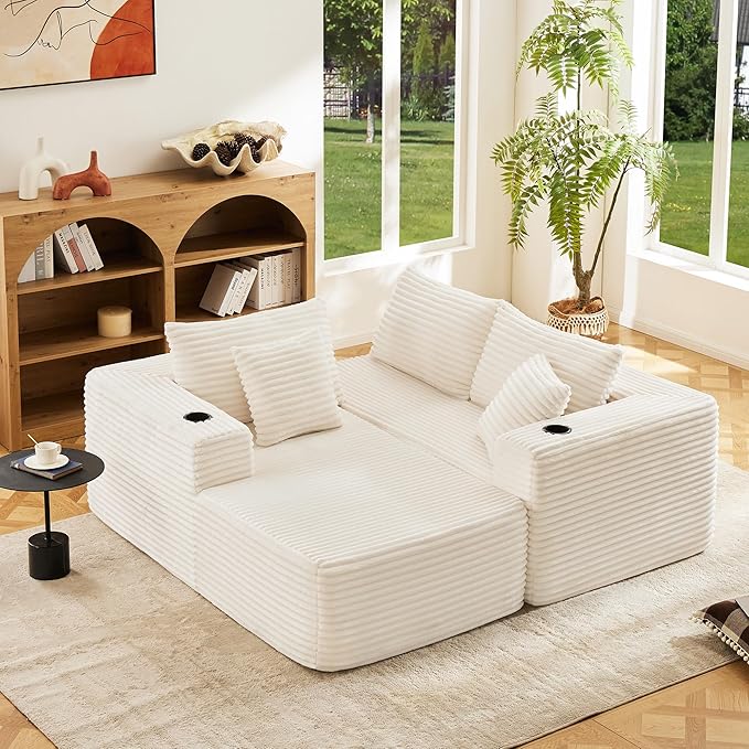 Modular Compressed Sectional Sofa Set – Velvet Corduroy Upholstery Convertible Couch with Cup Holders and Pillows for Living Room Beige