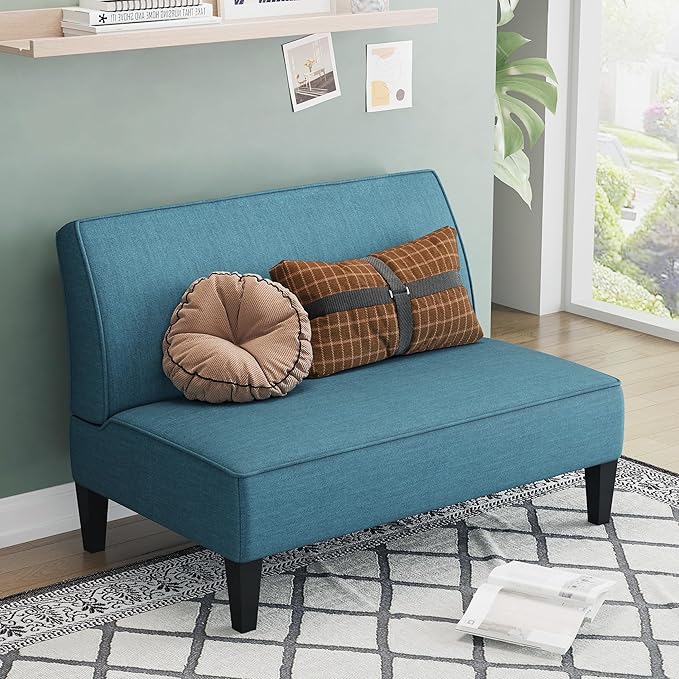 Yongqiang Small Loveseat Mini Sofa Couch Accent Upholstered Bench with Back Living Room Bedroom Office Armless Love Seat Settee Blue