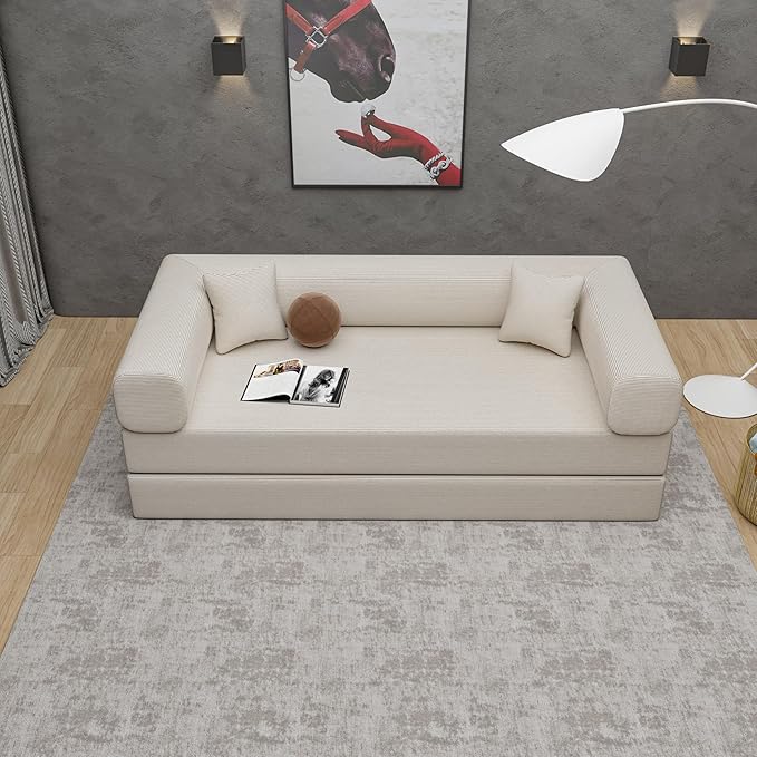 Convertible Couch Sofa Bed Foldable Floor Sleeper | Upgraded ALL High-Density 35D Foam | Fold Out Deep Seat Couch | King Size | Compression Sofa Sleeper for Living Room Bedroom | Corduroy Beige