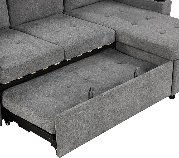 Versatile L-Shaped Sofa Couch Convertible Sofa Bed Chenille Fabric Sectional Sofa with Reversible Chaise Lounge Storage Space 2 Cup Holders and Two USB Ports for Living Room (Gray-2C)