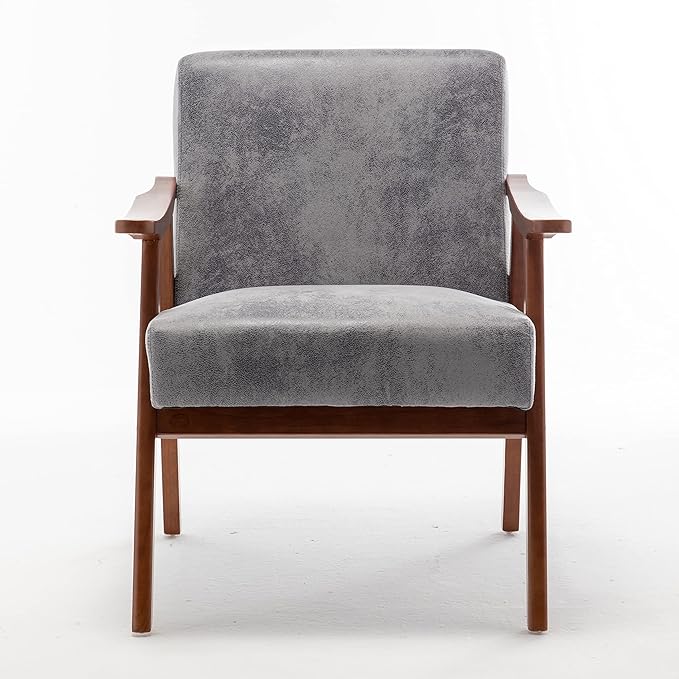 Mid Century Modern Accent Chairs with Solid Wood Frame Comfortable Accent Chair with Arms for Living Room or Bedroom Grey