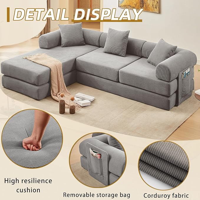 L Shaped Modular Sofa Bed with Cylindrical Pillow &amp Reversible Chaise Corduroy Folding Convertible Floor Sofa Couch Bed with Fixed-Shape Frame &amp Storage Pocket for Living Room Grey