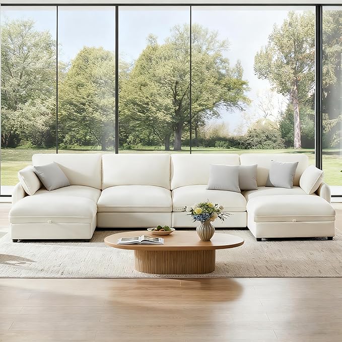 147 Cloud Sectional Couches for Living RoomU Shaped Oversized Modular Modern Linen Sofa with 2 Movable Ottoman6 Deep Seat with 2 Throw PillowsWarm White