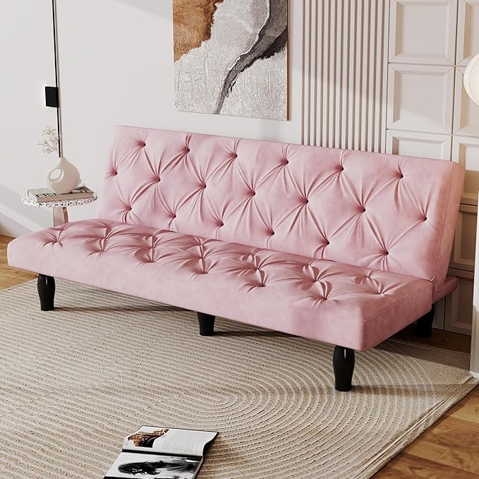 Modern Convertible Futon Sofa Bed Adjustable Loveseat Futon Couch with Metal Legs Upholstered Sofa Bed with Wood Frame Sleeper Couches for Small Compact RV Living RoomOffice (Pink-Velvet)
