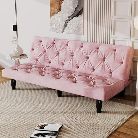 Modern Convertible Futon Sofa Bed Adjustable Loveseat Futon Couch with Metal Legs Upholstered Sofa Bed with Wood Frame Sleeper Couches for Small Compact RV Living RoomOffice (Pink-Velvet)