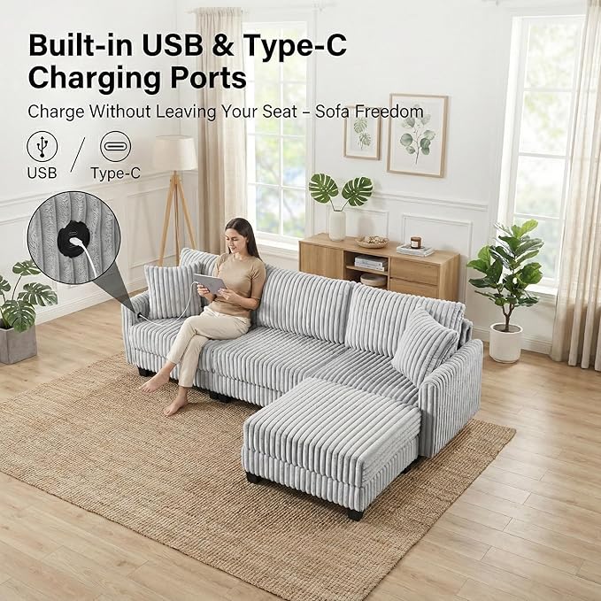 100 L Shaped Sectional Couches for Living Room Modular Sectional Sofa with Movable Ottoman Corduroy 4 Seat Couch with Built-in Charging Ports Light Grey | Movable Ottoman Soft Corduroy Feel USB