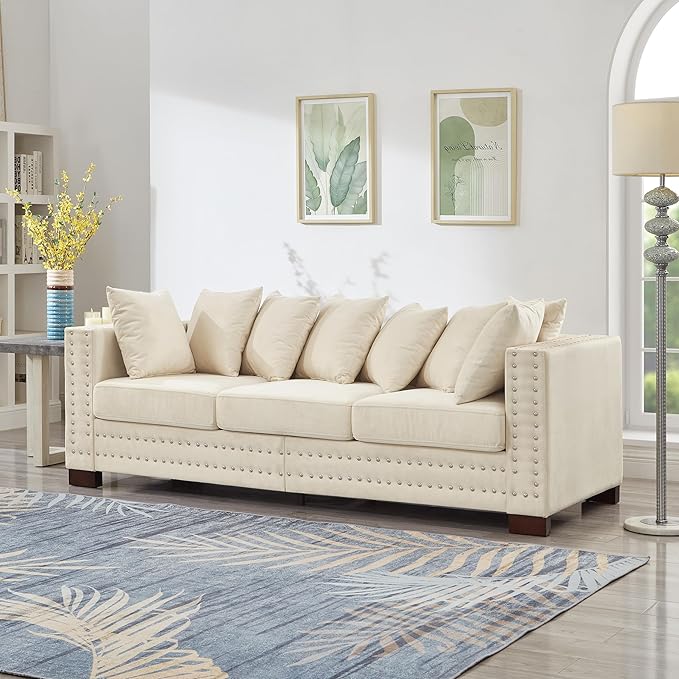 2 Piece Velvet Sofa Set with Storage - Mid Century Modern Chesterfield Couch and Loveseat Sets Comfy Deep Seat Upholstered Sectional Love Seat with Retro Nailhead Beige Couches Living Room (Apricot)