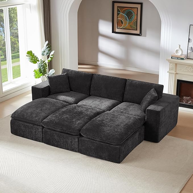 KEIKI 108 Oversized Chenille Modular Sectional Sofa with 3 Ottoman &amp High-Density Foam Cushion &amp Pillows Upholstered Modern Cloud 3-Seater Couch Easy Assembly for Living Room Black