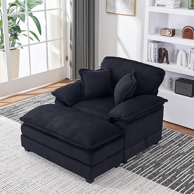 46.9 W Oversized Chair with Ottoman Corduroy Upholstered Chaise Lounge Chair Indoor Reading Chairs Sofa Couche Oversized Comfy Chairs for Living Room Bedroom (Corduroy Black)