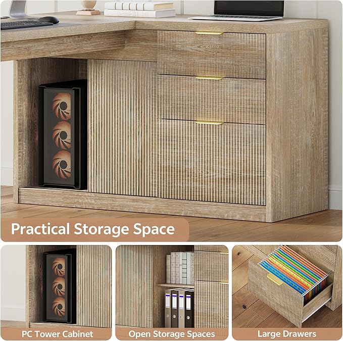78 Inch L Shaped Office Desk with Drawers Fluted L Shape Computer Desk Executive Office Desk with File Cabinet Storage Shelves and Power Outlets Sturdy Writing Workstation Natural Oak