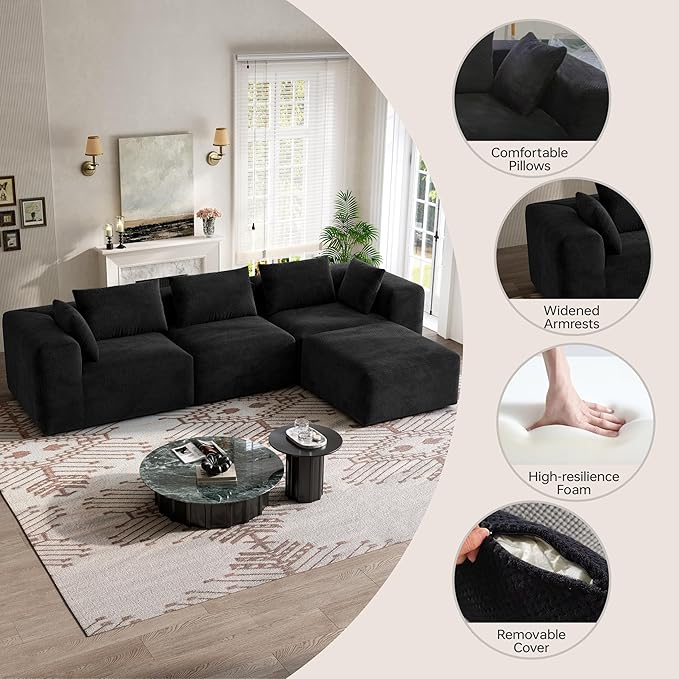 103 Boneless Sectional Couch Sofa - Black Cloud Couches for Living Room Faux Fur Modular Sofas with Deep Seat L-Shaped Couch with Movable Ottoman No Assembly Required
