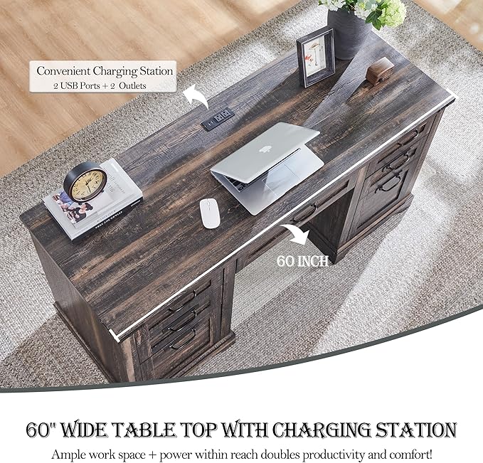 RedLemon 60 Farmhouse Executive Desk Home Office Desk with Drawers Charging Station Keyboard Tray File Drawer Storage Cabinet Wood Rustic Computer Writing Desk (Dark Rustic Oak)