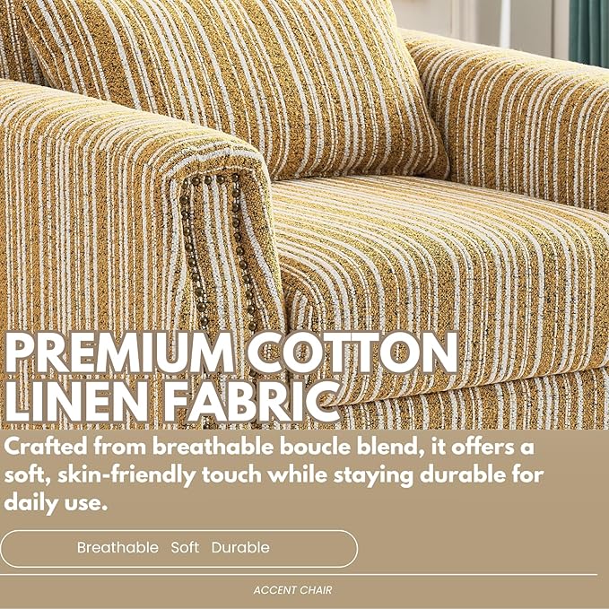 Stripes Accent Chair Modern Upholstered Boucle Fabric Armchair Single Sofa with Wood Legs for Living Room Patio Yellow Stripes.