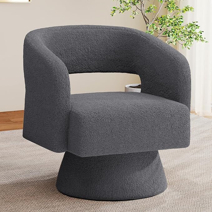 Swivel Accent Chair Modern Comfy Teddy Barrel Chairs Oversized Upholstered Round Arm Chair for Living Room Bedroom Reading Room Dark Grey 1 PCS