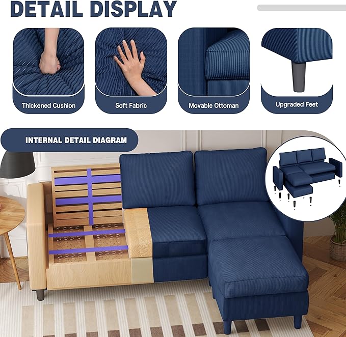 Shintenchi Small Sectional Sofa CouchesL Shape Convertible Sofa with Ottoman3 Seat Comfy Corduroy Upholstered Sofa CouchSmall Couch for ApartmentLiving Room and Office(Blue)
