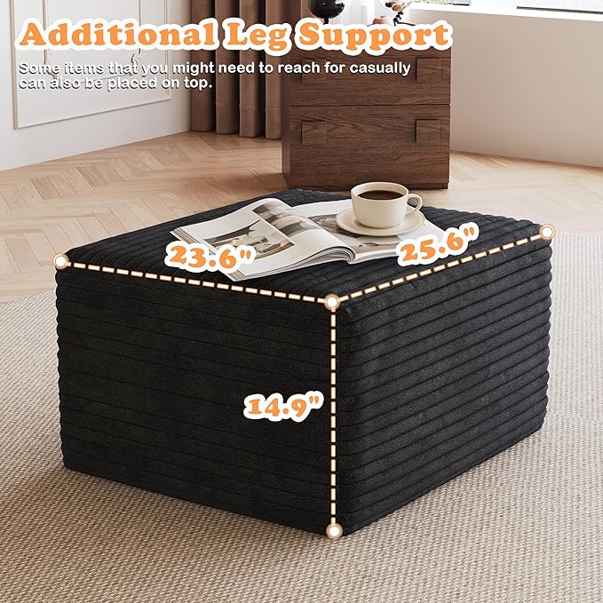 94 Corduroy Upholstered Boneless Couches with Chaise/2 Ottoman Oversized Modular Sectional Sofa with Deep Seat Cloud Sectional Fluffy Couches for Living Room No Assembly Required (Black) | Removab
